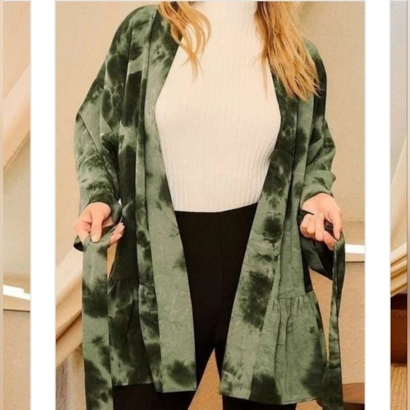 Olive Green Drop Shoulder Tie Dye Boho Open Kimono Lightweight Jacket Robe - Picture 8 of 11